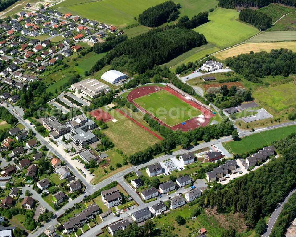 Naila from above - Sports grounds and football pitch of Fussballsportvereon street Lichtenberger Strasse in Naila e.V. on street Lichtenberger Strasse in Naila in the state Bavaria, Germany