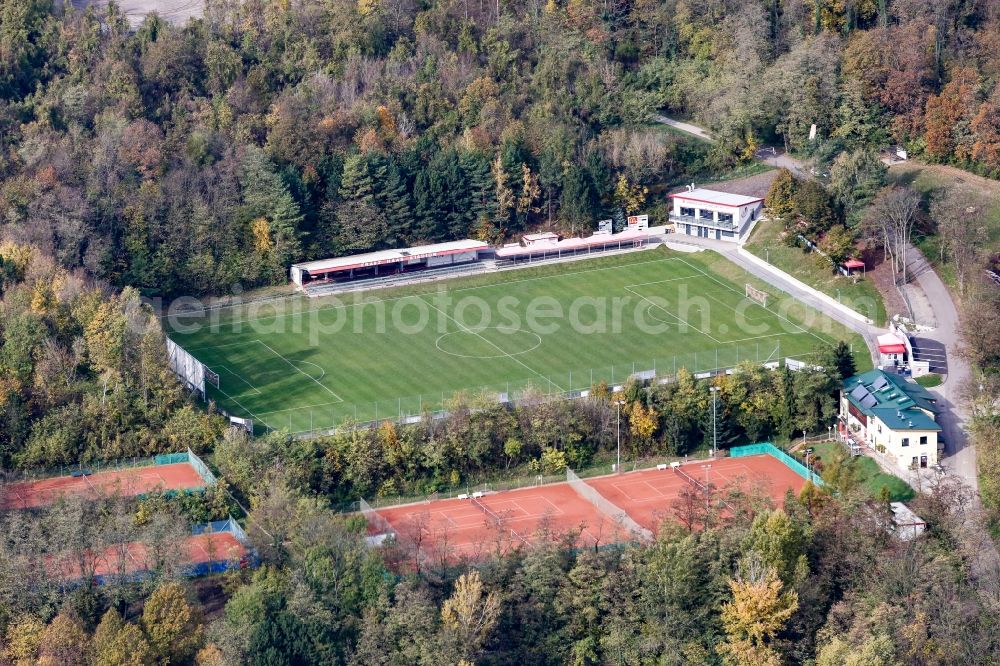 Leobendorf from above - Sports grounds and football pitch of SV Leobendorf on Burggasse in Leobendorf in Lower Austria, Austria