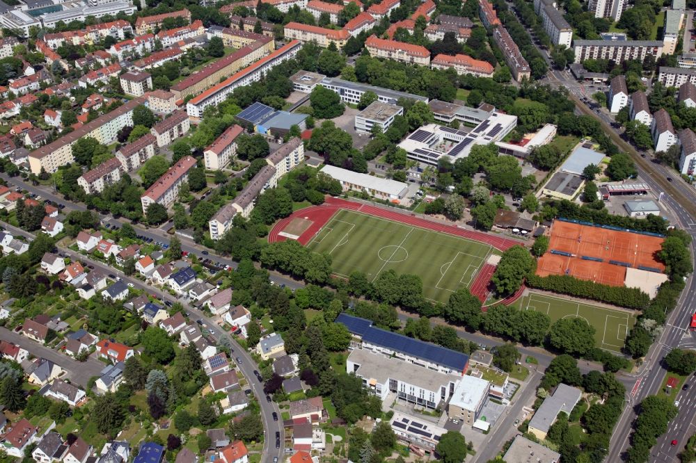 Mainz from above - Sports grounds and football pitch of Mainzer Turnvereins 1817 in Mainz in the state Rhineland-Palatinate, Germany