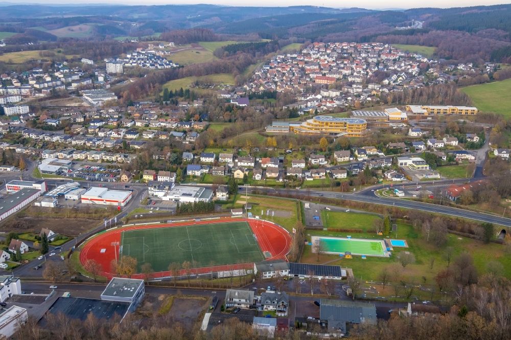 Meinerzhagen from above - Sports grounds and football pitch in Meinerzhagen in the state North Rhine-Westphalia, Germany