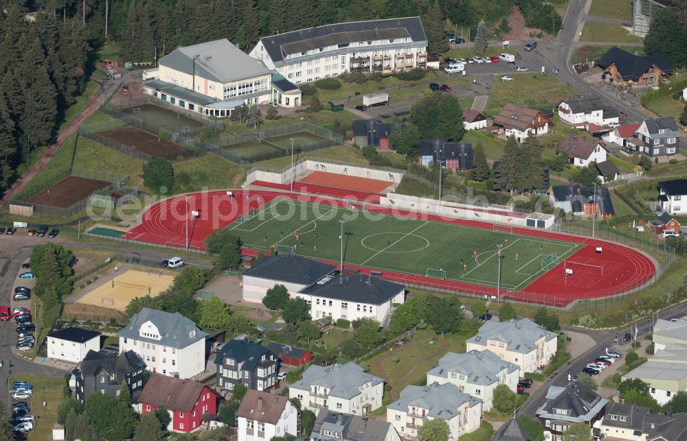 Oberhof from the bird's eye view: Sports grounds and football pitch on street Jaegerstrasse in Oberhof at Thueringer Wald in the state Thuringia, Germany