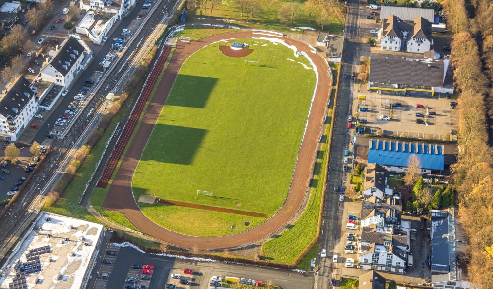 Olsberg from the bird's eye view: Sports grounds and football pitch on street Ruhrufer in the district Bigge in Olsberg at Sauerland in the state North Rhine-Westphalia, Germany