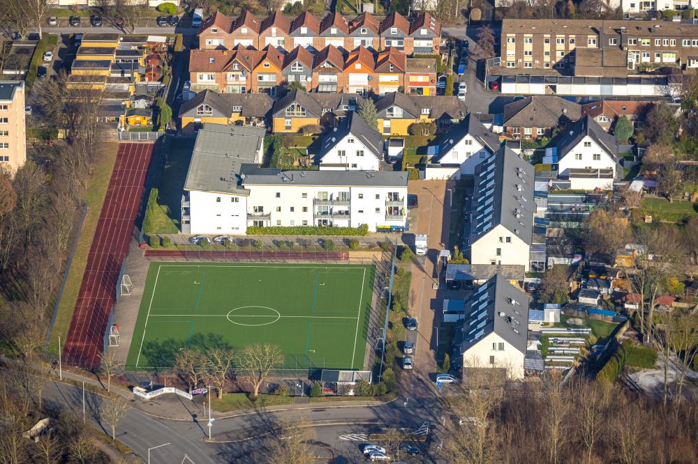 Unna from above - Sports grounds and football pitch on street Enkircher Weg in the district Alte Heide in Unna at Ruhrgebiet in the state North Rhine-Westphalia, Germany