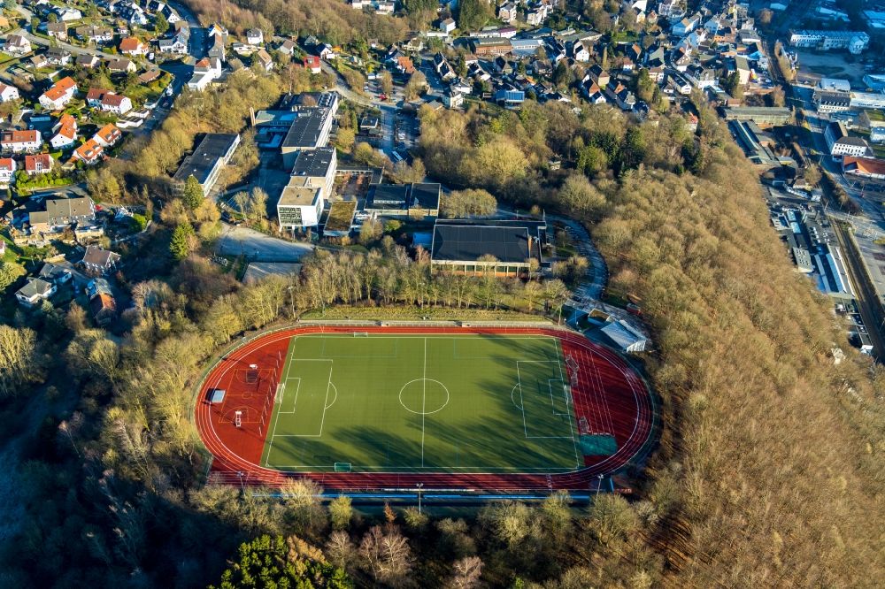Ennepetal from above - Sports grounds and football pitch at the Staedtisches Reichenbach-Gymnasium Ennepetal in the Peddinghausstrasse in Ennepetal in the state North Rhine-Westphalia
