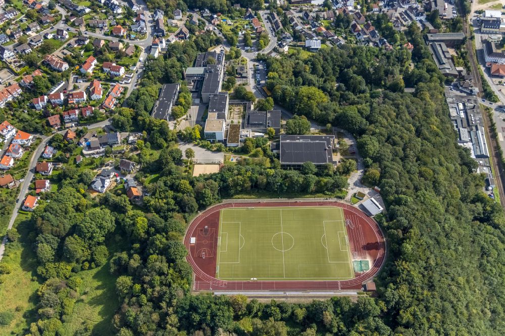 Ennepetal from the bird's eye view: Sports grounds and football pitch at the Reichenbach high school in the Peddinghausstrasse in Ennepetal in the state North Rhine-Westphalia