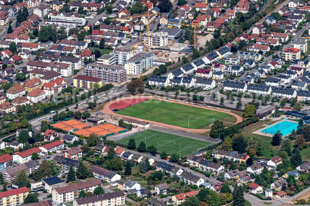 Schopfheim from the bird's eye view: Sports grounds and football pitch, swimming pool and tennis court in Schopfheim in the state Baden-Wurttemberg, Germany