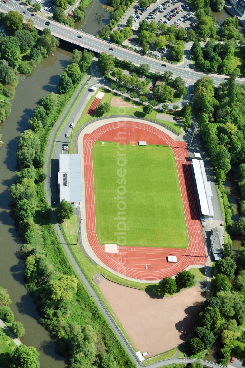 Aerial photograph Wetzlar - Sports grounds and football pitch of SCT Sportpark Wetzlar in Wetzlar in the state Hesse, Germany
