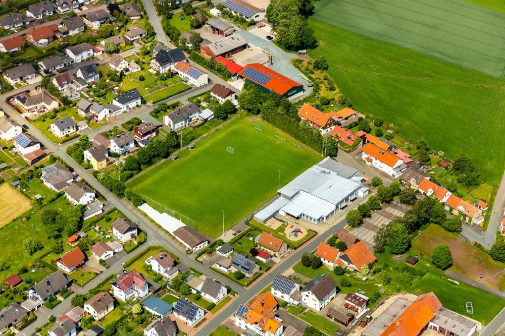 Goddelsheim from above - Sports grounds and football pitch of TSV Goddelsheim 1912/21 e.V. on Nordstrasse in Goddelsheim in the state Hesse, Germany