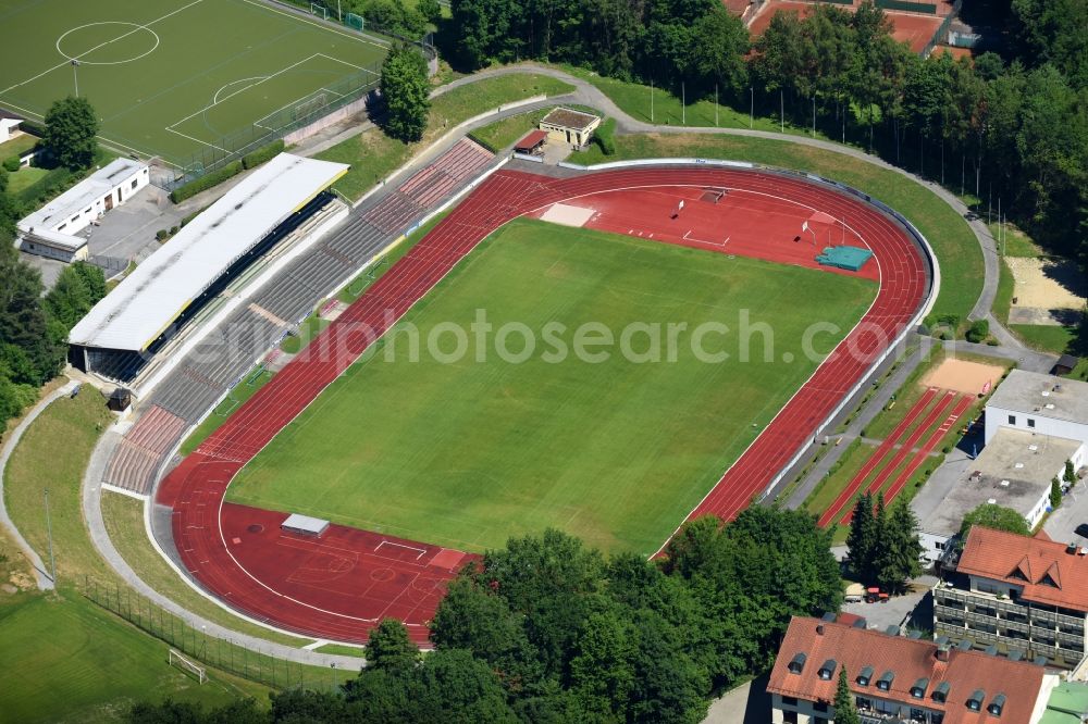 Passau from above - Ensemble of sports grounds DJK Sportplatz Passau between Danziger Strasse and Am Doebldobl in Passau in the state Bavaria, Germany