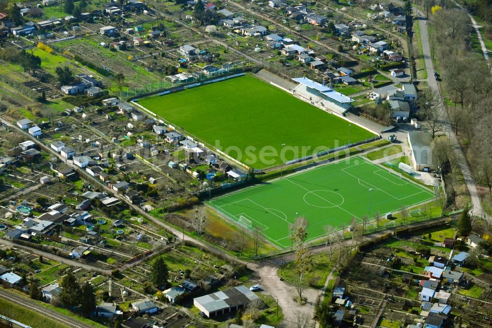 Aerial image Dessau - Ensemble of the sports grounds Stadion am Schillerpark on the ring road in Dessau in the state Saxony-Anhalt, Germany