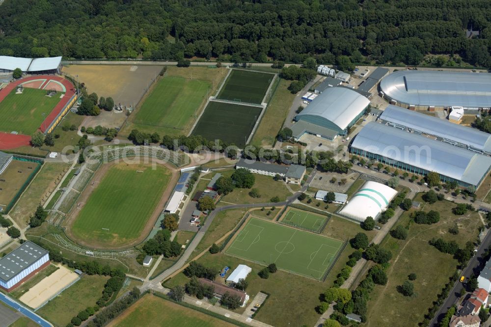 Aerial photograph Berlin - Sports grounds and halls of the Sportforum Hohenschoenhausen in the Alt-Hohenschoenhausen part of the district of Lichtenberg in Berlin in Germany. The second largest sports and training facilities of Berlin include a complex of sports halls which are listed as protected buildings