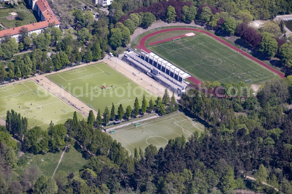 Aerial image Berlin - Park of Volkspark Mariendorf with Bluemelteich pond in the district of Tempelhof-Schoeneberg in Berlin, Germany. The park includes several ponds, sports and football facilities and pitches such as the football stadium Volksparkstadion and a rose garden