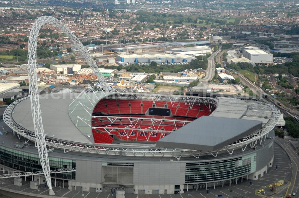 London from the bird's eye view: Sports facility grounds of the Arena Wembley - stadium in London in England, United Kingdom