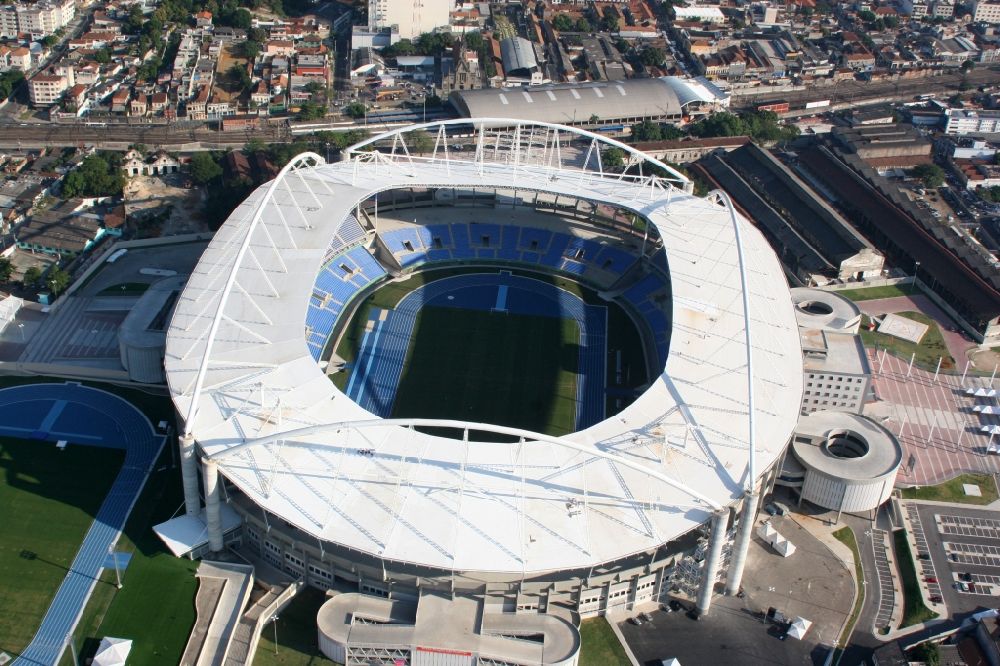 Rio de Janeiro from above - Sport Venue of the Estadio Olimpico Joao Havelange - Nilton Santos Stadium before the Summer Games of the Games of the XXII. Olympics. The arena is home to the football club Botafogo in Rio de Janeiro in Brazil