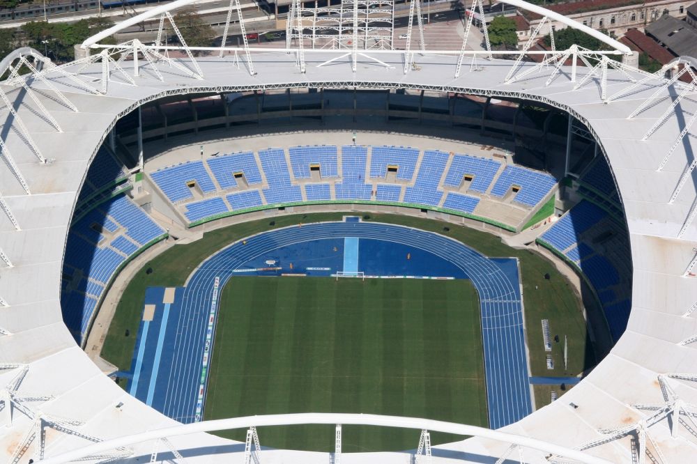 Rio de Janeiro from the bird's eye view: Sport Venue of the Estadio Olimpico Joao Havelange - Nilton Santos Stadium before the Summer Games of the Games of the XXII. Olympics. The arena is home to the football club Botafogo in Rio de Janeiro in Brazil