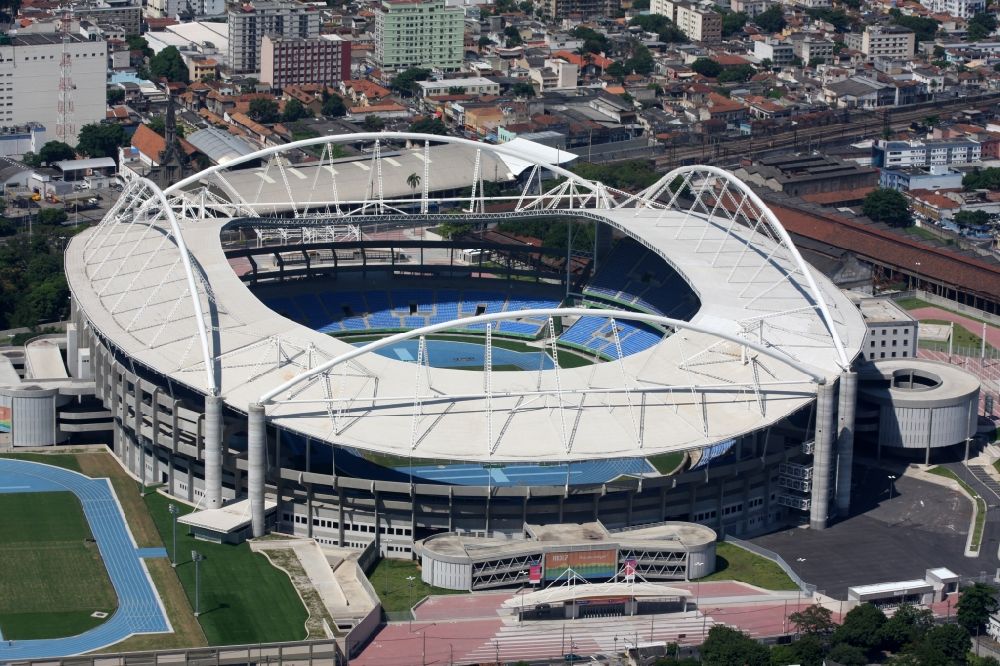 Aerial photograph Rio de Janeiro - Sport Venue of the Estadio Olimpico Joao Havelange - Nilton Santos Stadium before the Summer Games of the Games of the XXII. Olympics. The arena is home to the football club Botafogo in Rio de Janeiro in Brazil