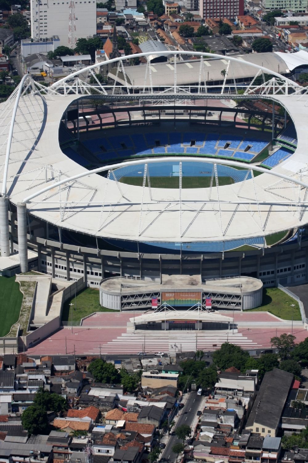 Rio de Janeiro from the bird's eye view: Sport Venue of the Estadio Olimpico Joao Havelange - Nilton Santos Stadium before the Summer Games of the Games of the XXII. Olympics. The arena is home to the football club Botafogo in Rio de Janeiro in Brazil