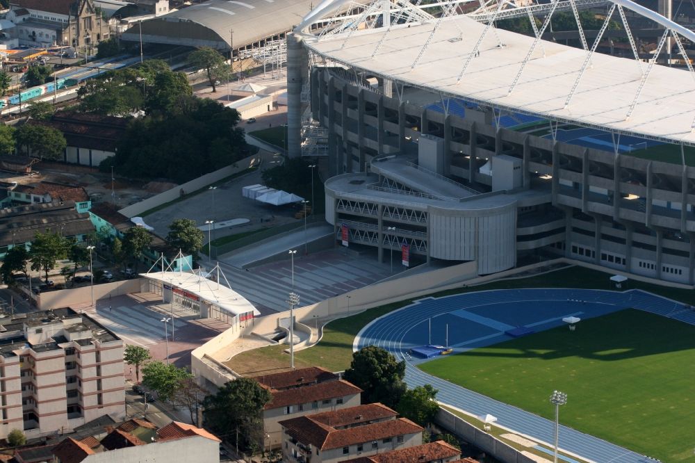 Aerial photograph Rio de Janeiro - Sport Venue of the Estadio Olimpico Joao Havelange - Nilton Santos Stadium before the Summer Games of the Games of the XXII. Olympics. The arena is home to the football club Botafogo in Rio de Janeiro in Brazil