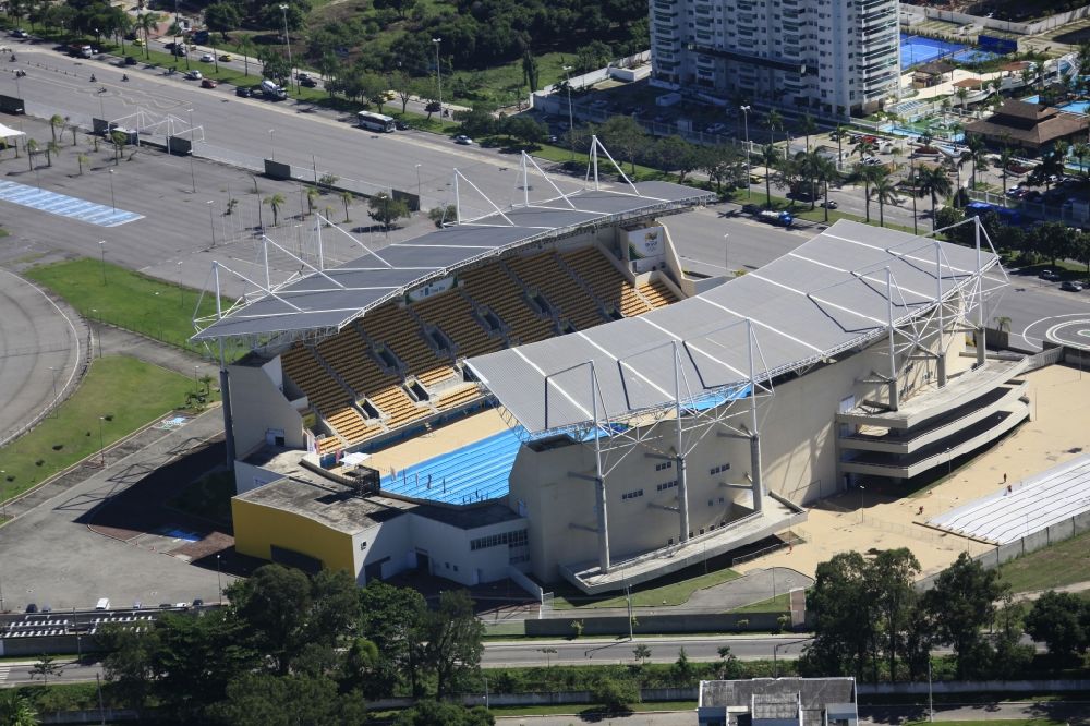 Rio de Janeiro from the bird's eye view: Sports venue of diving, swimming and synchronized swimming competitions at the 2007 Pan-American Games in Rio de Janeiro in Brazil. The venue for the competitions in diving and water polo during the 2016 Summer Olympics in Rio de Janeiro in Brazil
