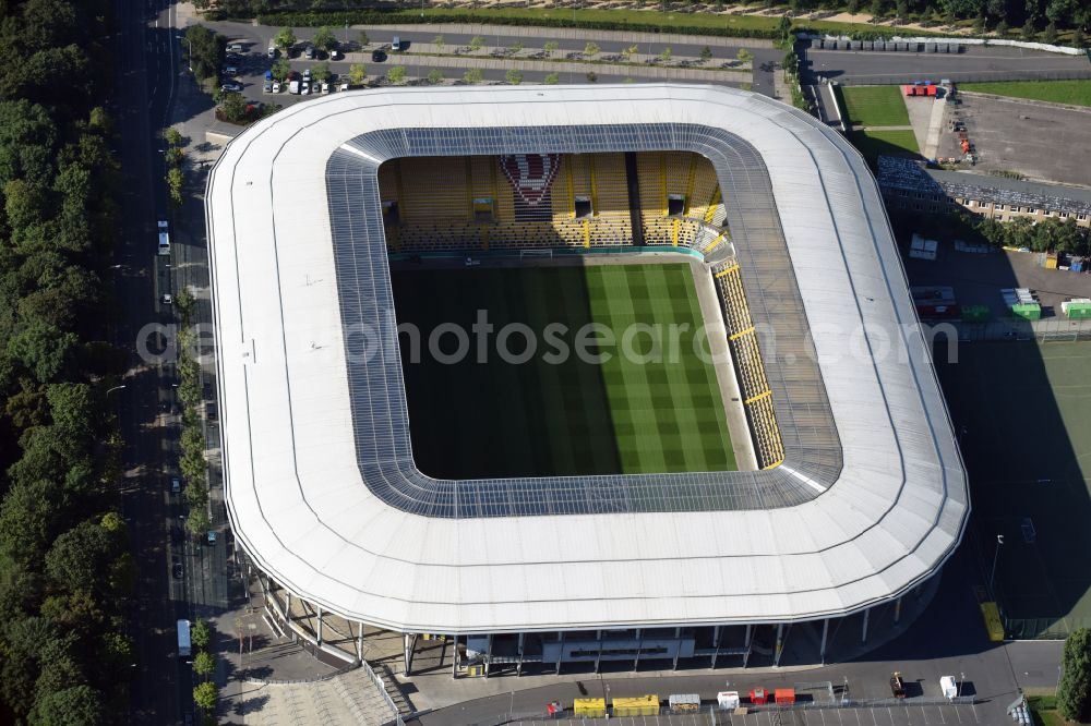 Dresden from the bird's eye view: Sports facility grounds of the Arena stadium DDV-Stadion on street Lennestrasse in Dresden in the state Saxony