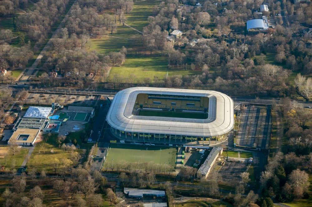 Dresden from the bird's eye view: Sports facility grounds of the Arena stadium DDV-Stadion in Dresden in the state Saxony. The owner of the Dynamo Dresden venue, designed by the Beyer Architects, is the city of Dresden
