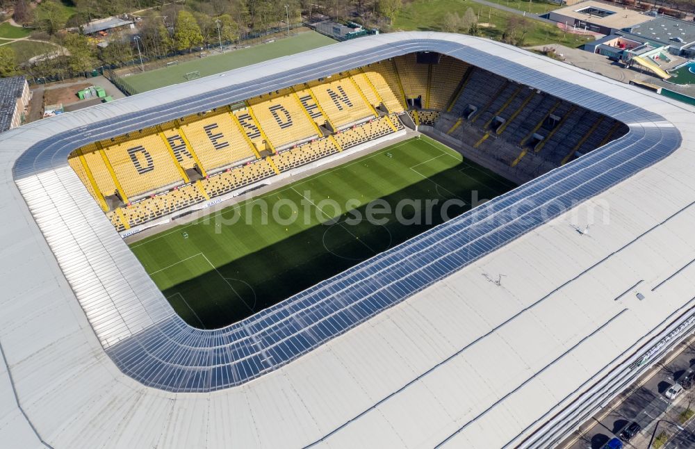 Aerial photograph Dresden - Sports facility grounds of the Arena stadium DDV-Stadion in Dresden in the state Saxony. The owner of the Dynamo Dresden venue, designed by the Beyer Architects, is the city of Dresden