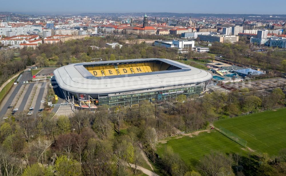 Aerial image Dresden - Sports facility grounds of the Arena stadium DDV-Stadion in Dresden in the state Saxony. The owner of the Dynamo Dresden venue, designed by the Beyer Architects, is the city of Dresden