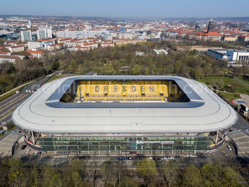 Dresden from above - Sports facility grounds of the Arena stadium DDV-Stadion in Dresden in the state Saxony. The owner of the Dynamo Dresden venue, designed by the Beyer Architects, is the city of Dresden