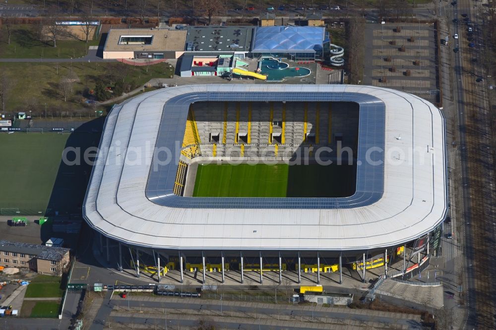 Dresden from the bird's eye view: Sports facility grounds of the Arena stadium DDV-Stadion in Dresden in the state Saxony. The owner of the Dynamo Dresden venue, designed by the Beyer Architects, is the city of Dresden