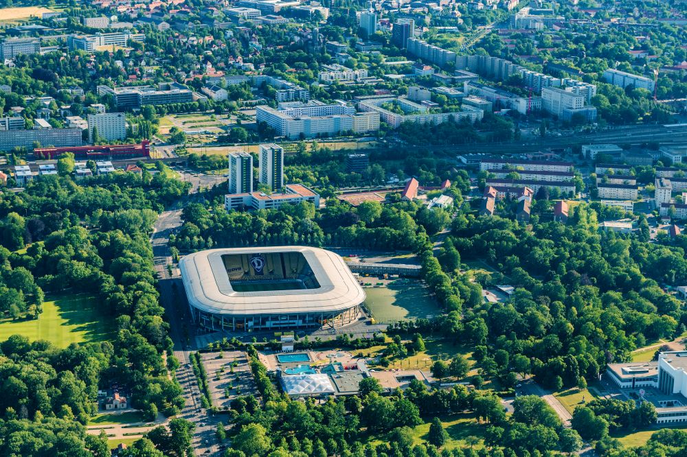Dresden from above - Sports facility grounds of the Arena stadium DDV-Stadion in Dresden in the state Saxony