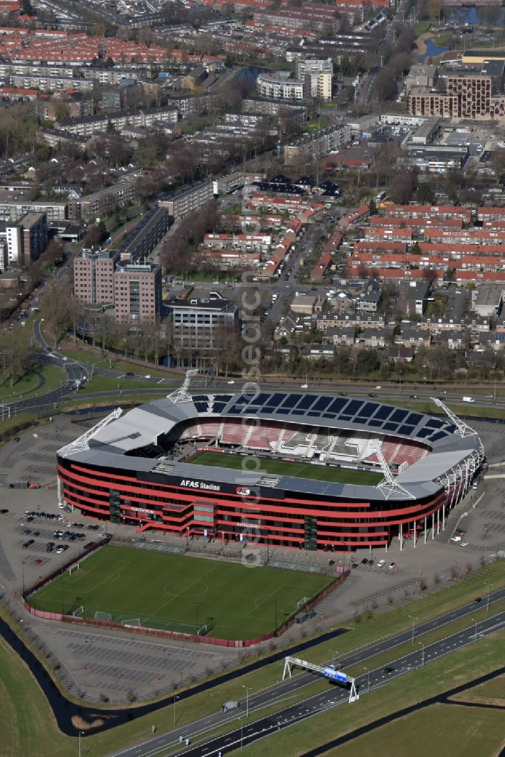 Alkmaar from the bird's eye view: Sports facility grounds of the Arena stadium AFAS AZ Stadion on Stadionweg in Alkmaar in Noord-Holland, Netherlands