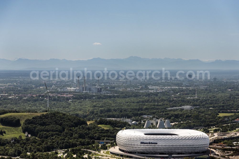 Aerial photograph München - Sports facility grounds of the Arena stadium Allianz Arena on Werner-Heisenberg-Allee in Munich in the state Bavaria, Germany