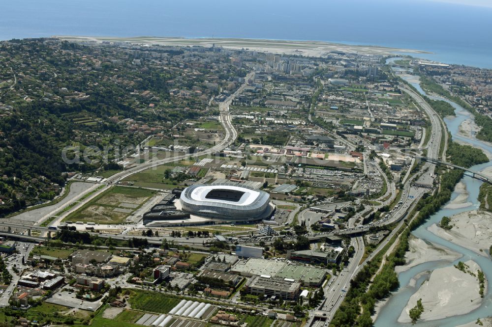 Aerial image Nizza - Sports facility grounds of the Arena stadium Allianz Riviera Bd. des Jardiniers in Nice in Provence-Alpes-Cote d'Azur, France
