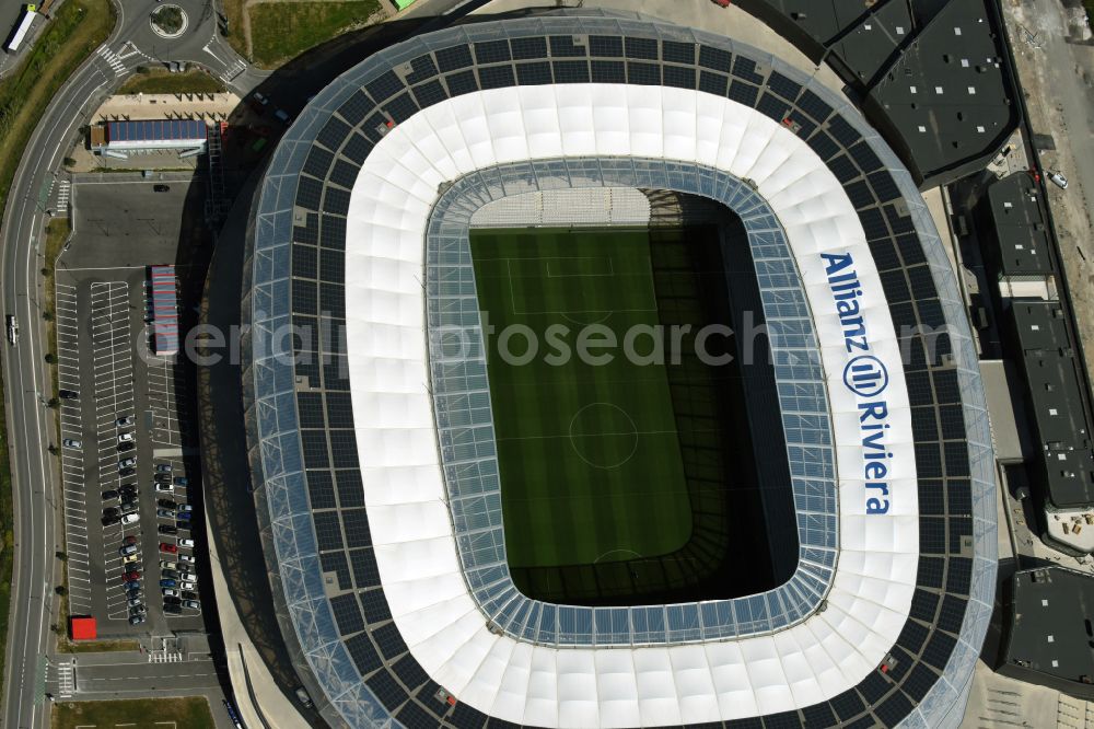 Nizza from above - Sports facility grounds of the Arena stadium Allianz Riviera Bd. des Jardiniers in Nice in Provence-Alpes-Cote d'Azur, France