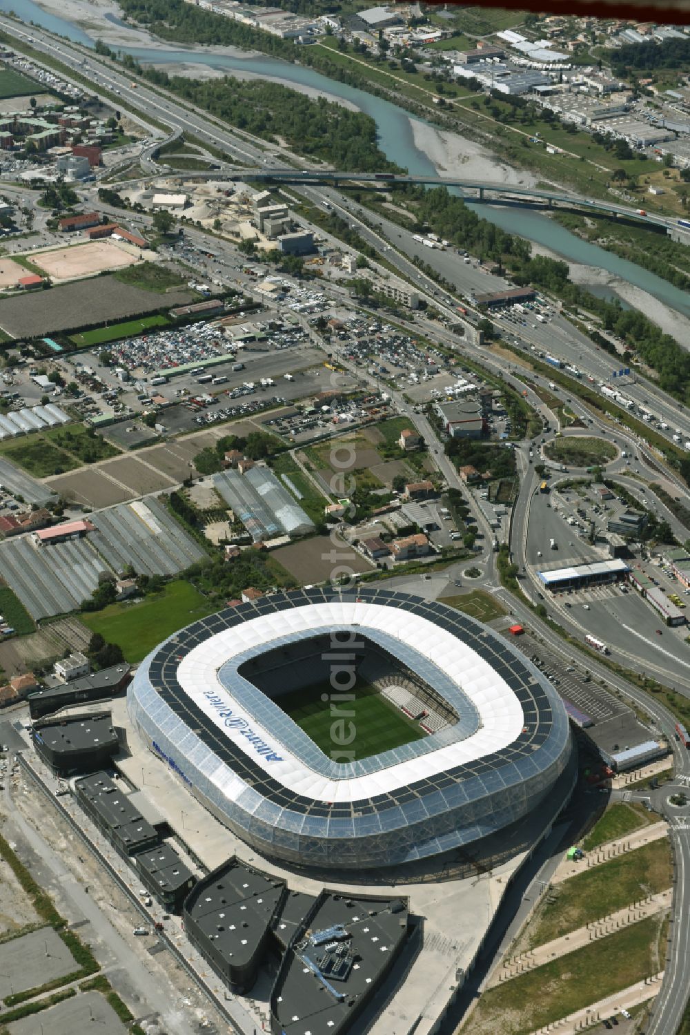 Nizza from above - Sports facility grounds of the Arena stadium Allianz Riviera Bd. des Jardiniers in Nice in Provence-Alpes-Cote d'Azur, France