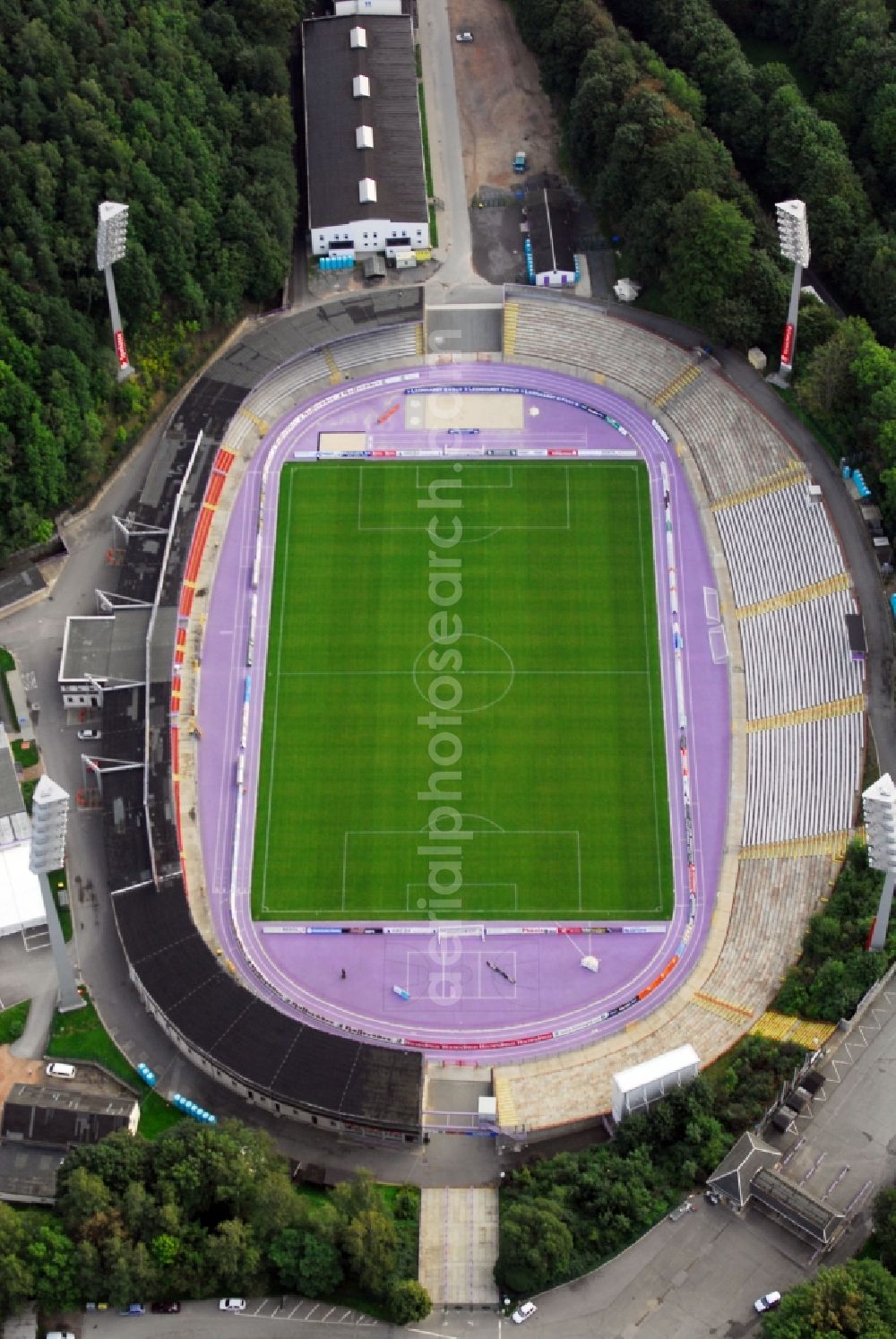 Aerial image Aue - Sports facility grounds of the Arena stadium - Sparkassen-Erzgebirgsstadion of FC Erzgebirge e. V. in Aue in the state Saxony