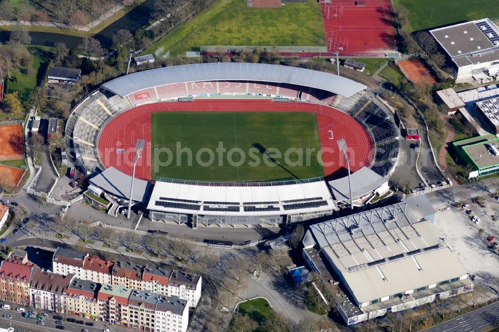 Kassel from the bird's eye view: Sports facility grounds of the Arena stadium Auestadion in Kassel in the state Hesse, Germany