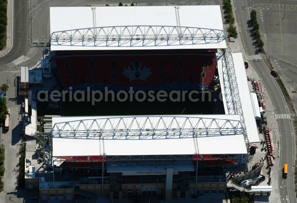 Toronto from the bird's eye view: Sports facility grounds of the Arena stadium BMO Field on Princes' Blvd in the district Old Toronto in Toronto in Ontario, Canada