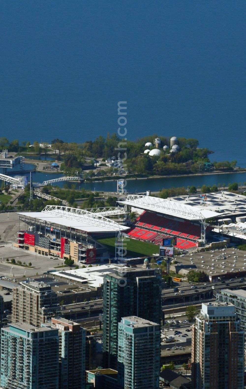 Toronto from above - Sports facility grounds of the Arena stadium BMO Field on Princes' Blvd in the district Old Toronto in Toronto in Ontario, Canada