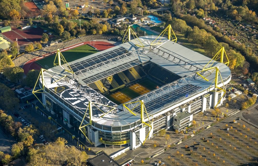 Aerial photograph Dortmund - Sports facility grounds of the Arena stadium in Dortmund in the state North Rhine-Westphalia