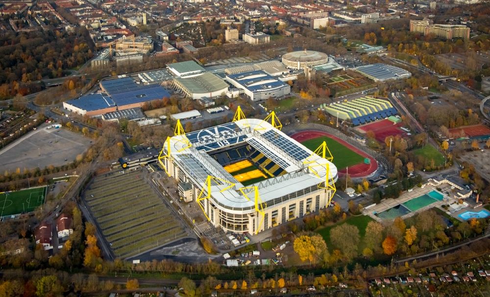 Dortmund from above - Sports facility grounds of the Arena stadium in Dortmund in the state North Rhine-Westphalia