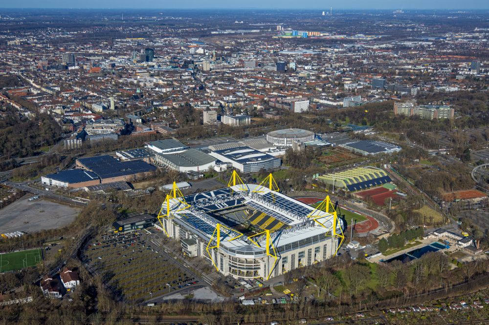 Aerial image Dortmund - Sports facility grounds of the Arena stadium in Dortmund at Ruhrgebiet in the state North Rhine-Westphalia