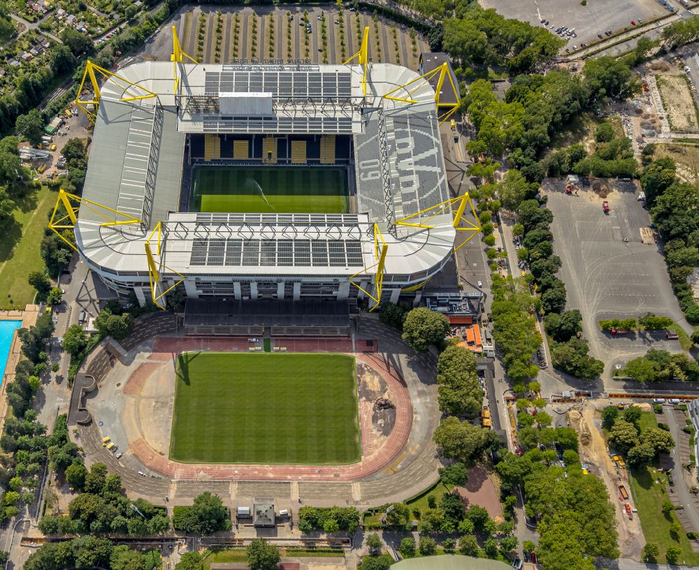 Dortmund from the bird's eye view: sports facility grounds of the Arena stadium in Dortmund in the state North Rhine-Westphalia