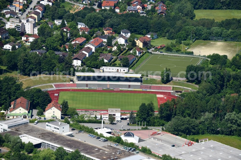 Passau from above - Sports facility grounds of the Arena stadium Dreifluessestadion on Danziger Strasse in Passau in the state Bavaria, Germany