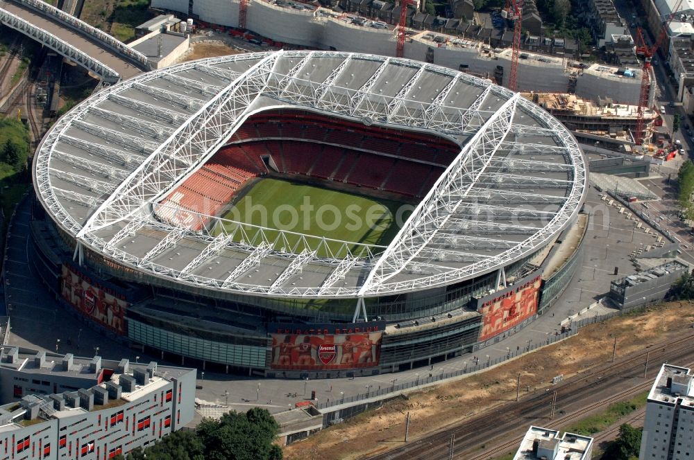 Aerial photograph London - Sports facility grounds of the Arena stadium Emirates Stadium of Premier League on Hornsey Rd in London in England, United Kingdom
