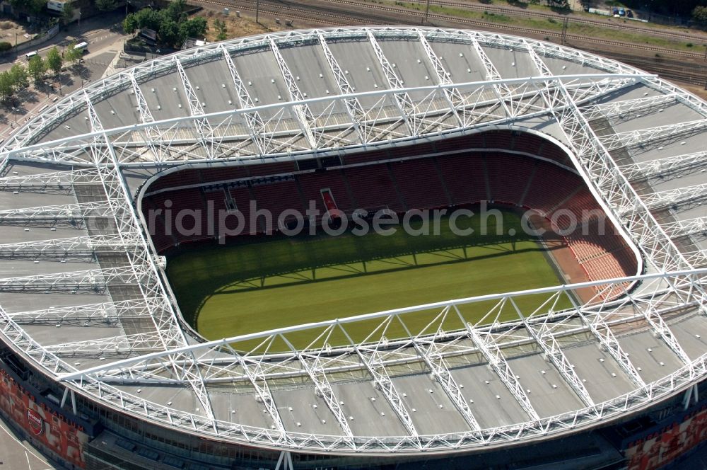 London from above - Sports facility grounds of the Arena stadium Emirates Stadium of Premier League on Hornsey Rd in London in England, United Kingdom