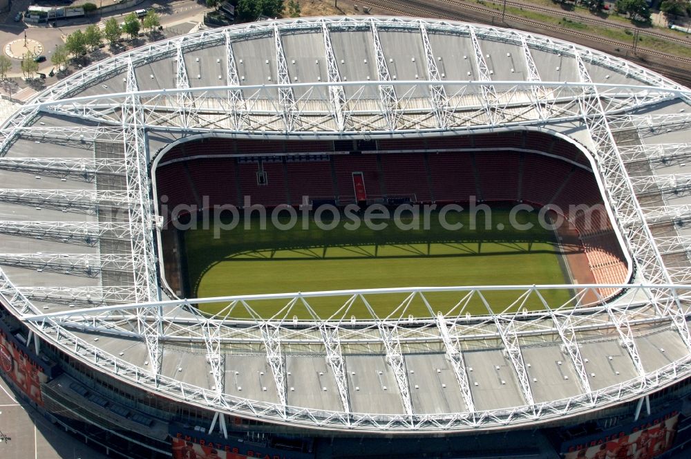 London from the bird's eye view: Sports facility grounds of the Arena stadium Emirates Stadium of Premier League on Hornsey Rd in London in England, United Kingdom