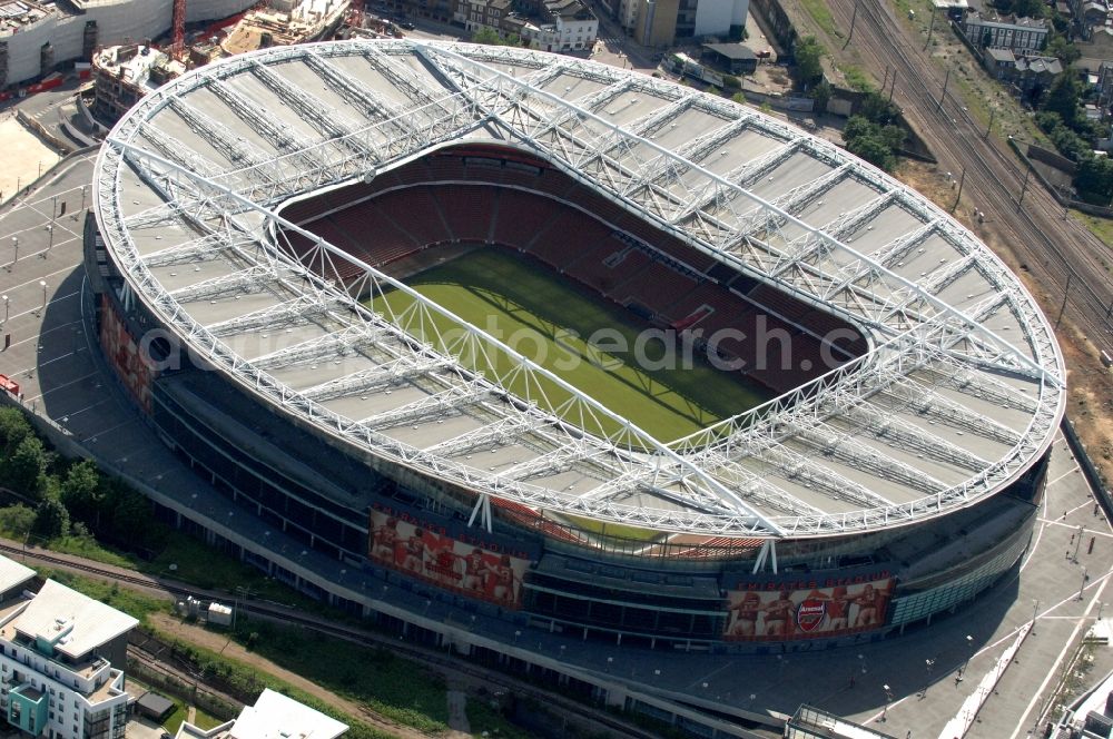 Aerial image London - Sports facility grounds of the Arena stadium Emirates Stadium of Premier League on Hornsey Rd in London in England, United Kingdom