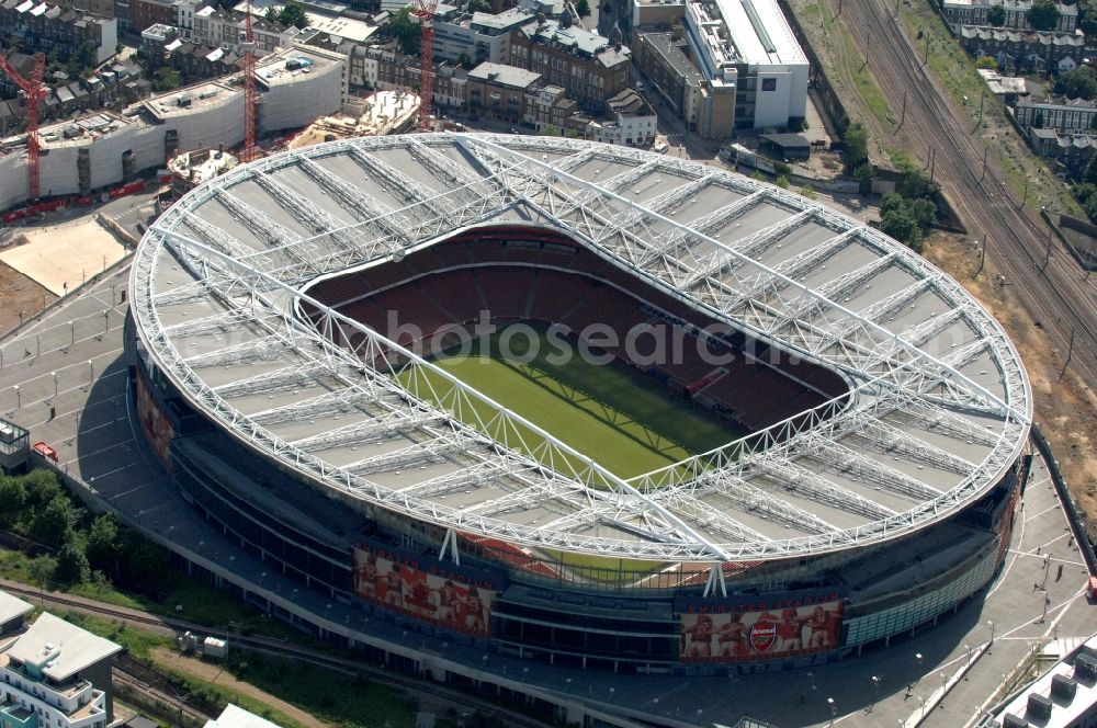 Aerial photograph London - Sports facility grounds of the Arena stadium Emirates Stadium of Premier League on Hornsey Rd in London in England, United Kingdom