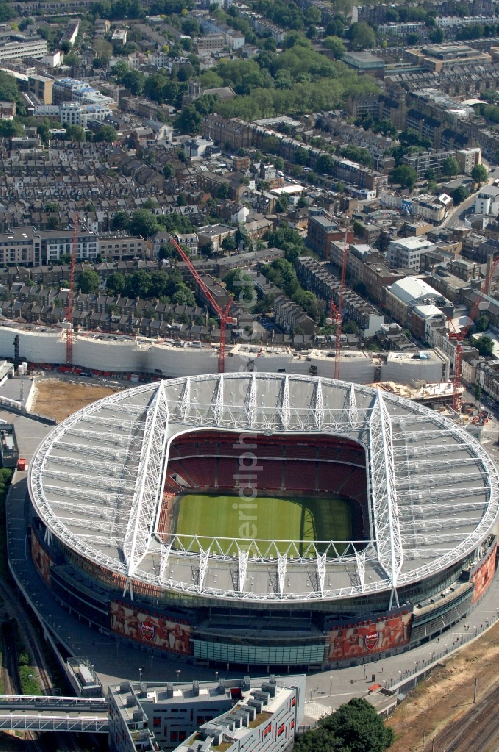 London from the bird's eye view: Sports facility grounds of the Arena stadium Emirates Stadium of Premier League on Hornsey Rd in London in England, United Kingdom